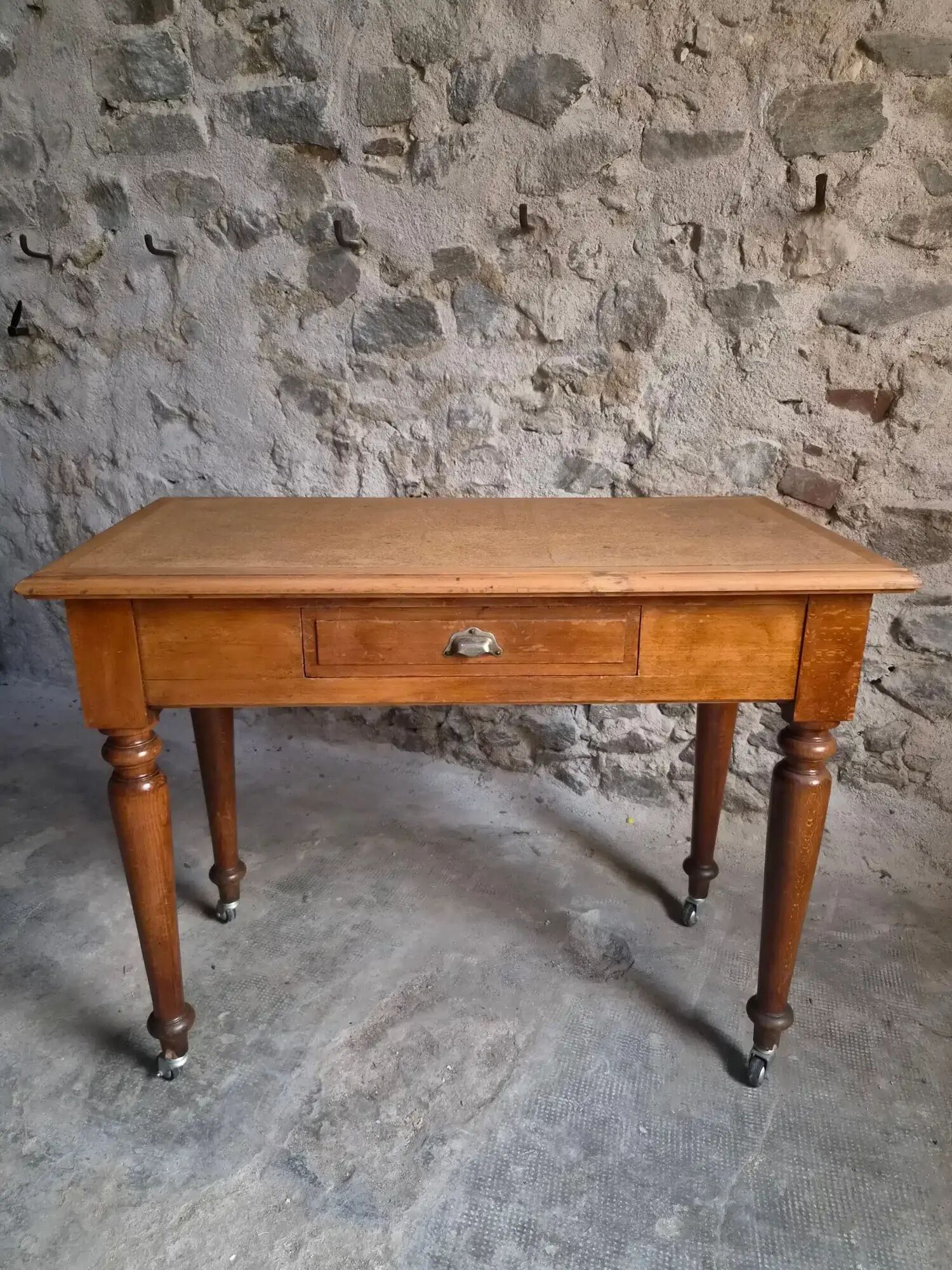Vintage beech desk with a linoleum top and drawer.