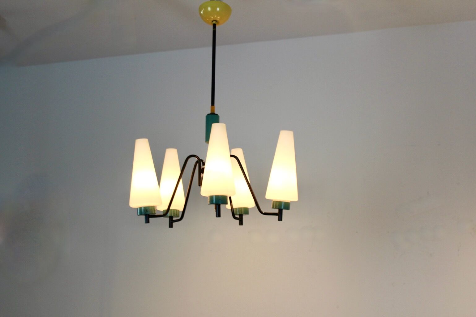 Dutch suspension lamp in wood steel and opaline glass