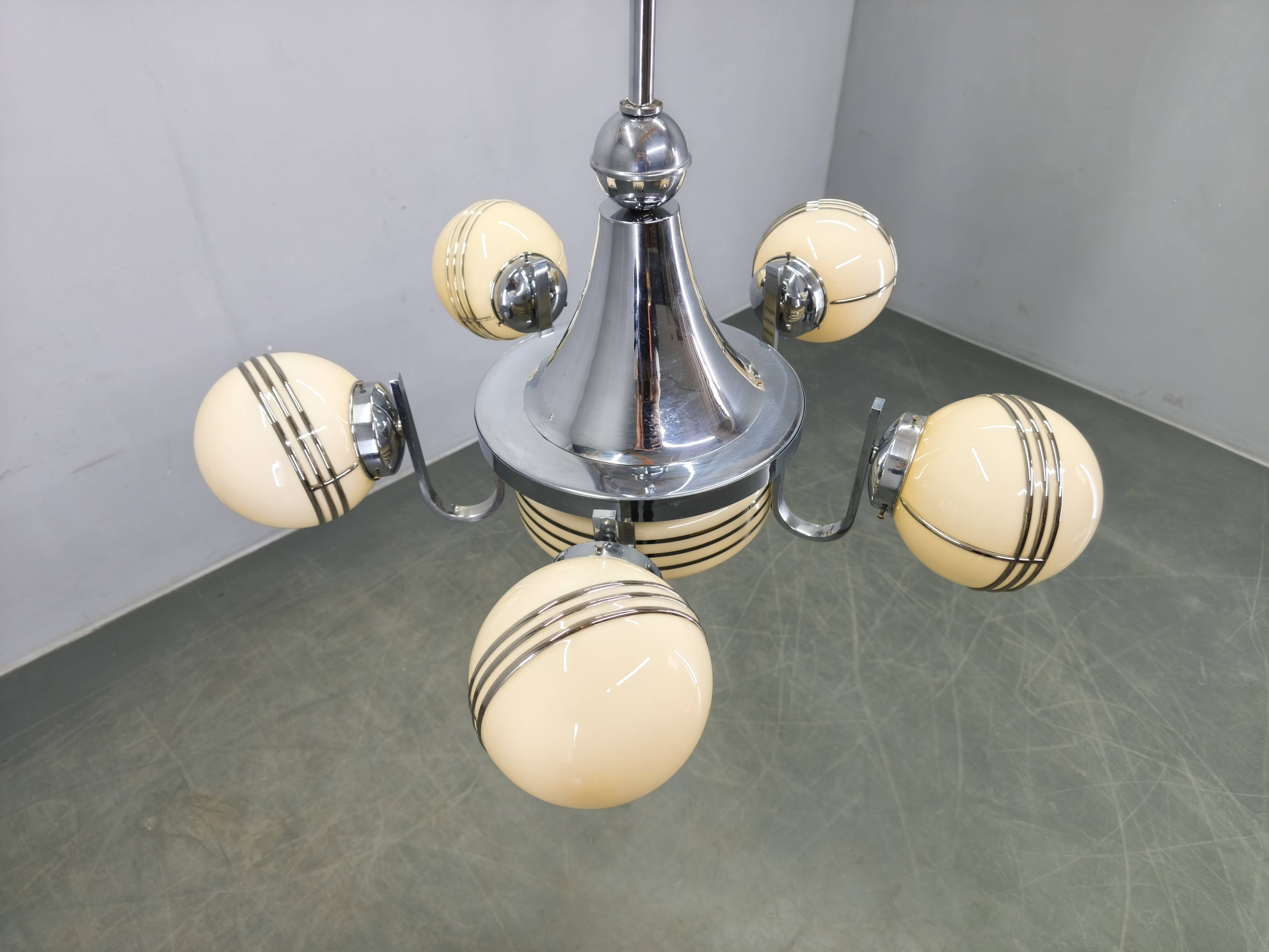 Art Deco Chrome and Glass Chandelier, 5 Globes, 1930s