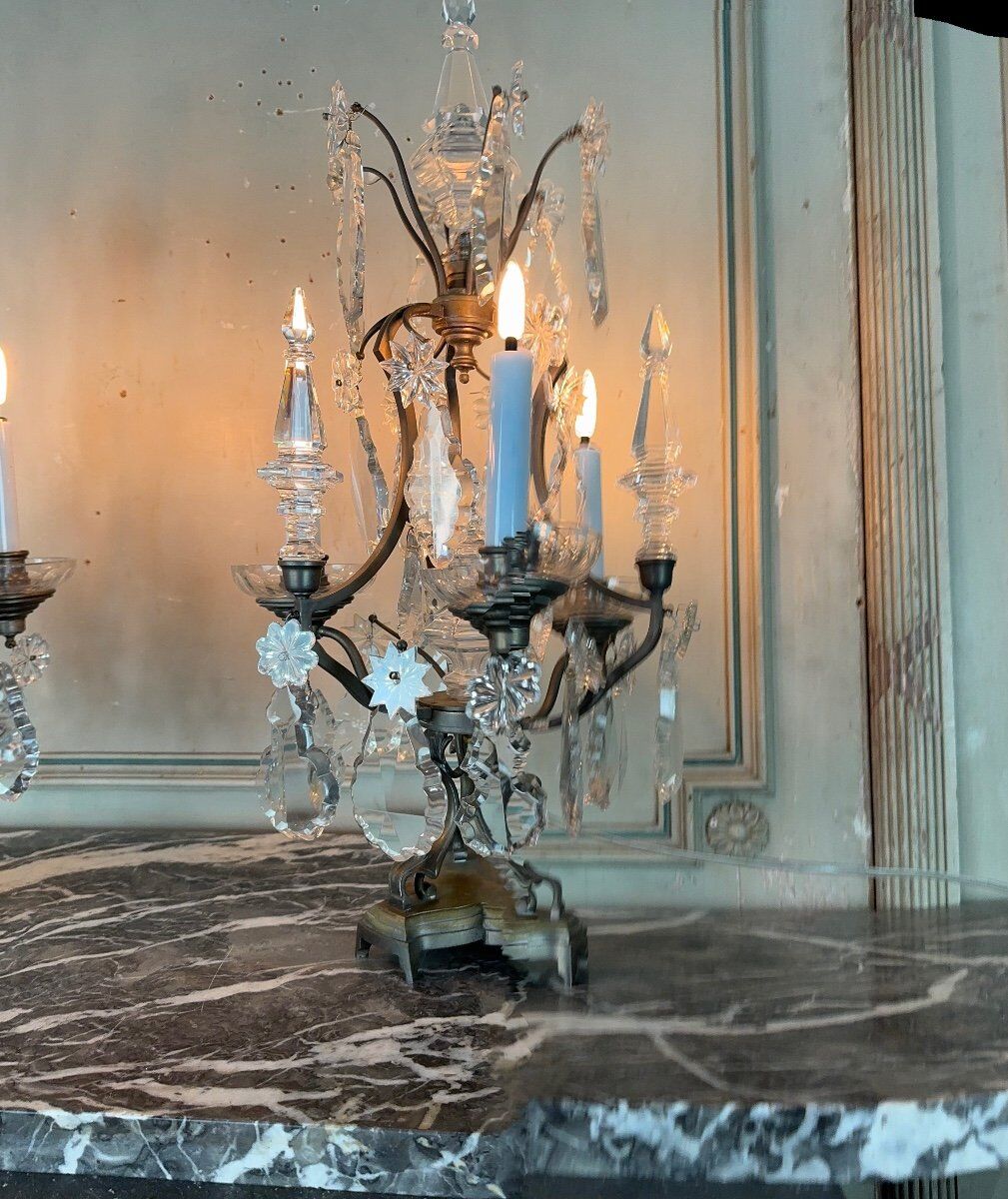 Pair of bronze and cut crystal girandoles circa 1900