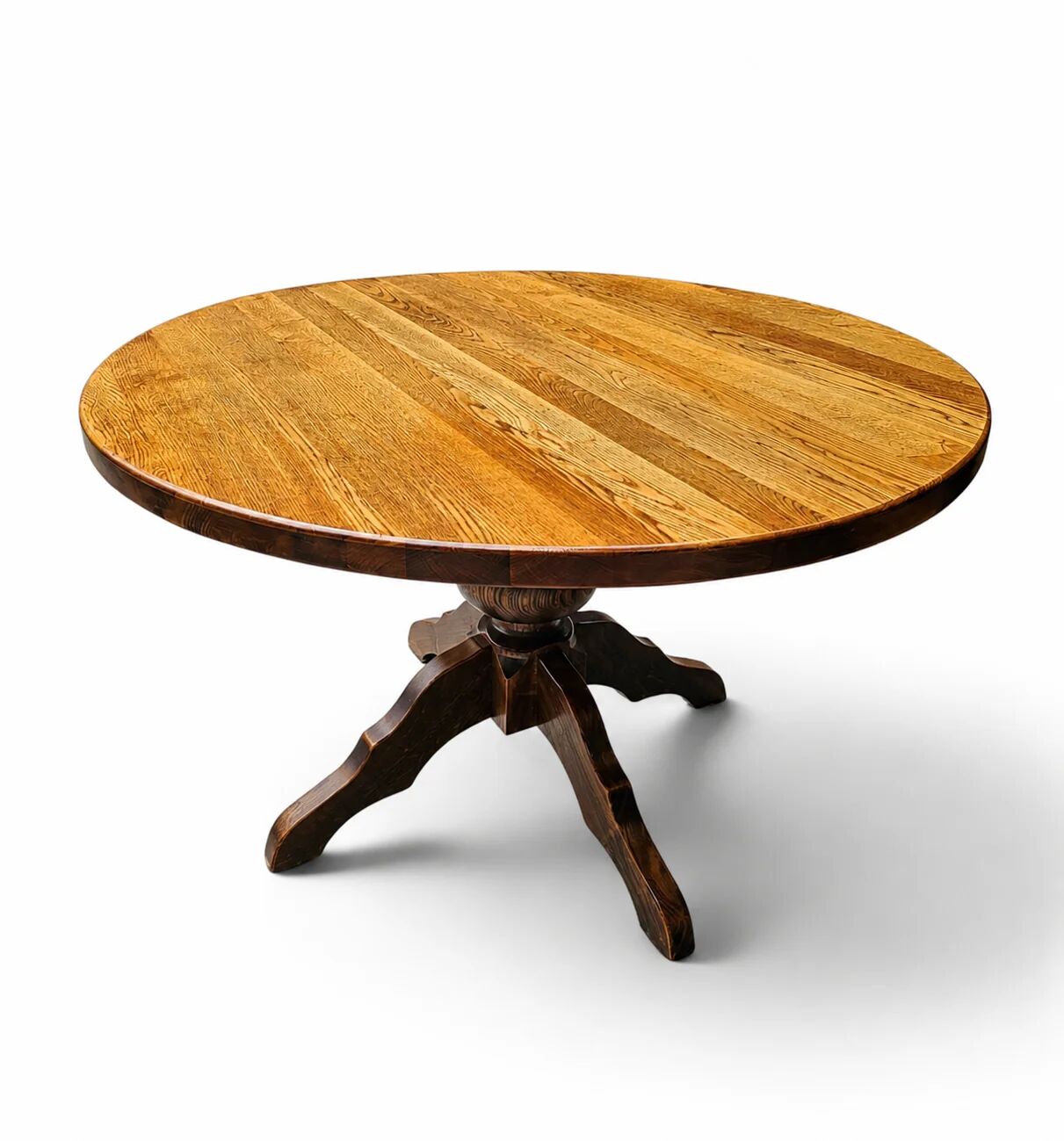 Solid oak dining table, also known as a monastery table, with a sturdy central pedestal, heavy-duty construction