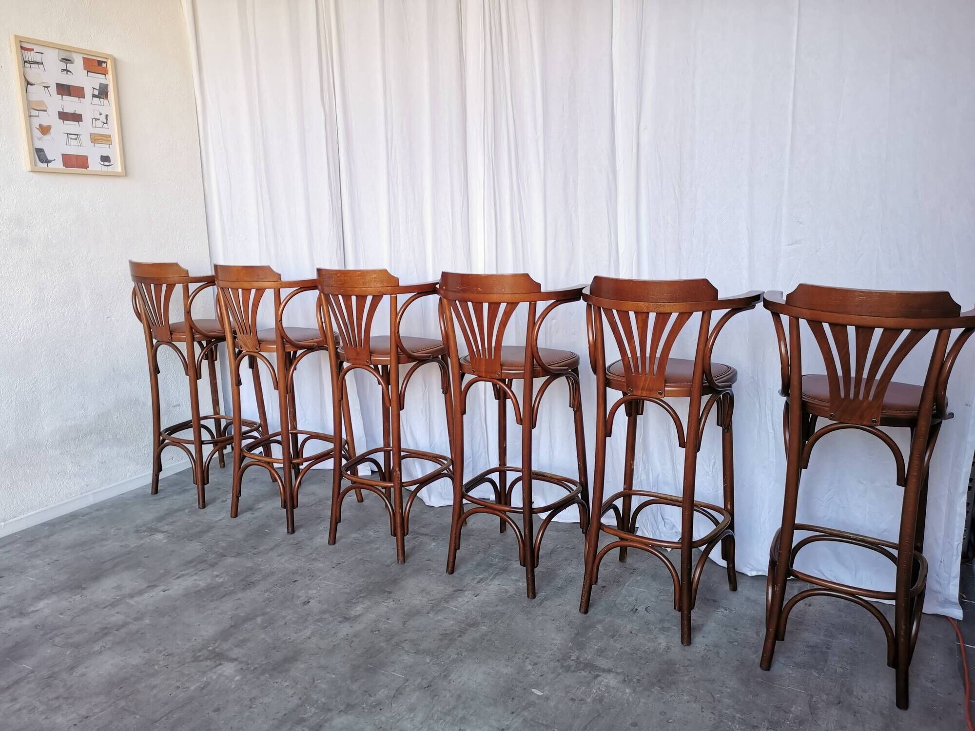 Set of 6 Vintage Bentwood Bar Stool Set: Brown Leather Seat, Nailhead Trim