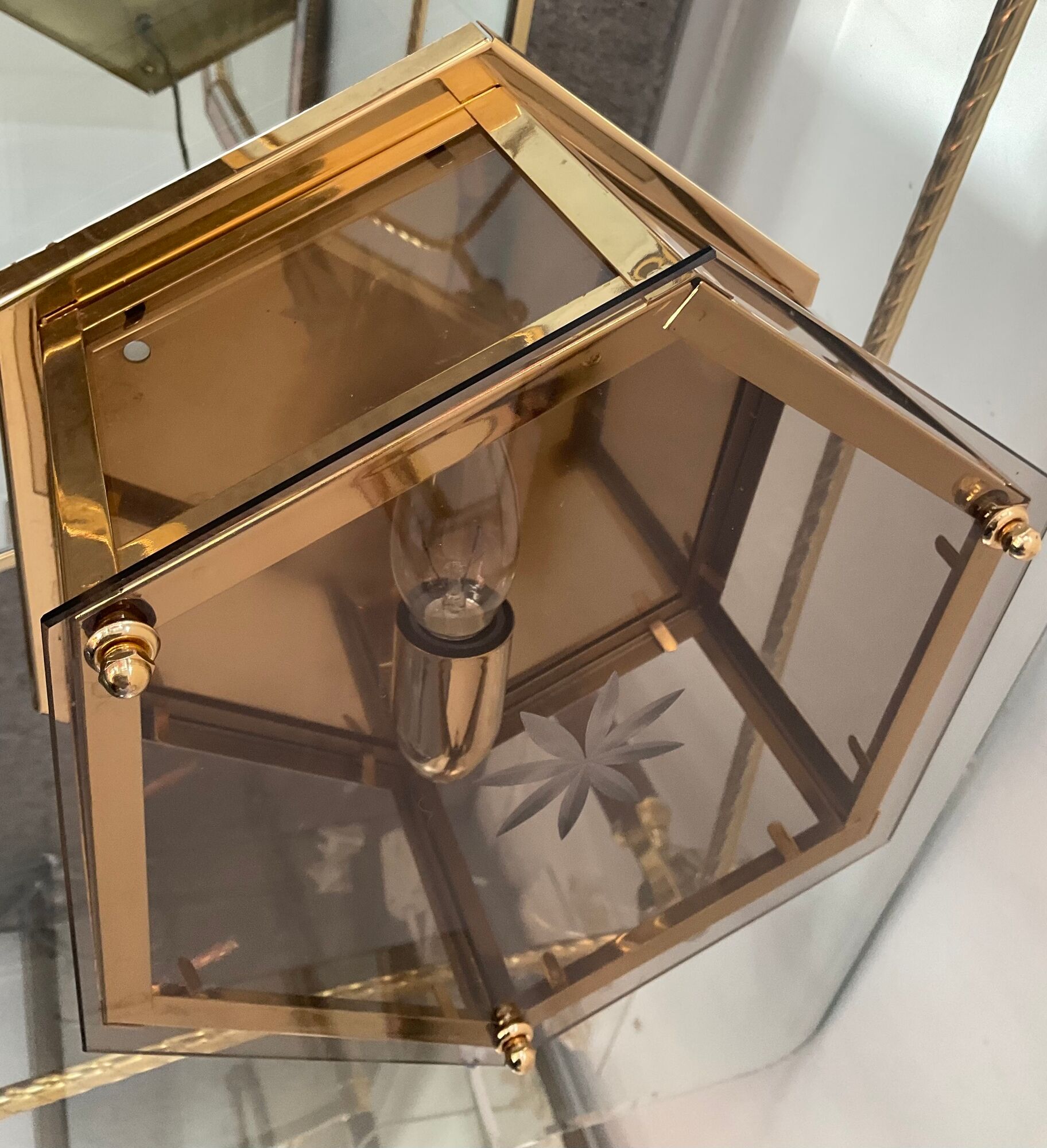 Vintage ceiling lamp in brass and smoked glass