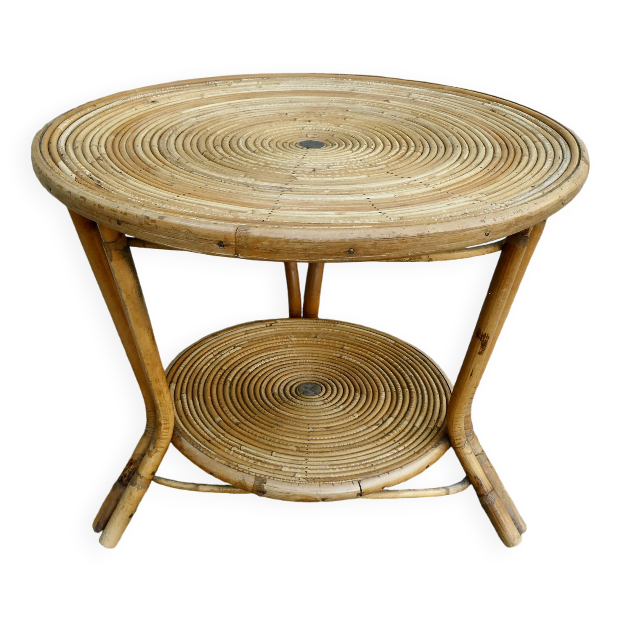 Rattan coffee table, tripod, with double top, 1960s