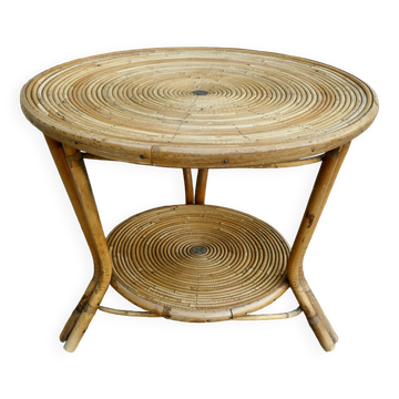 Table basse en rotin, tripode, avec double plateau, années 60