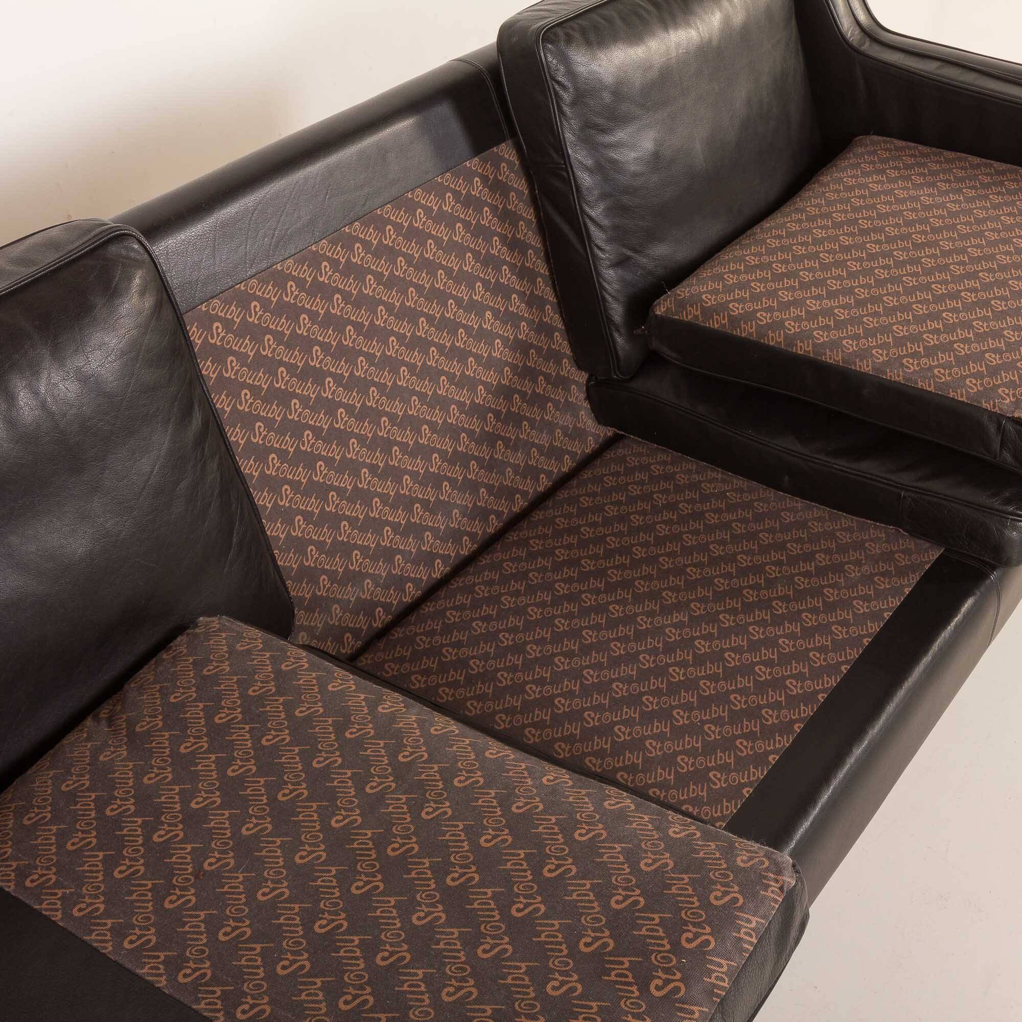 Stouby black leather sofa, Denmark 1970s