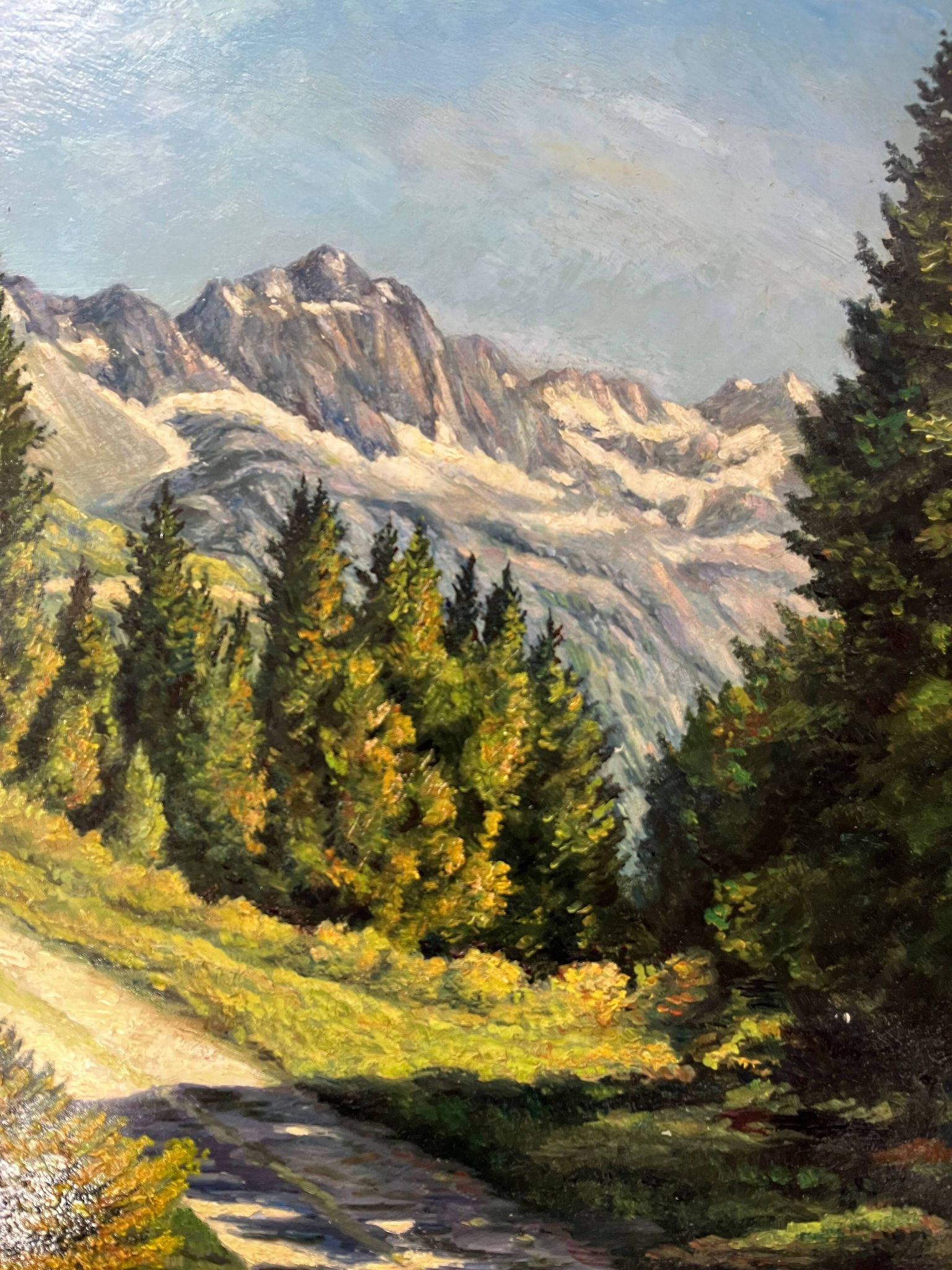 Oil painting on panel "Alpine Landscape with Snow" Mountain signed Bizouard circa 1950