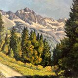 Oil painting on panel "Alpine Landscape with Snow" Mountain signed Bizouard circa 1950