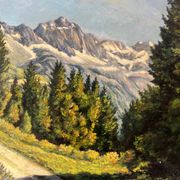 Oil painting on panel "Alpine Landscape with Snow" Mountain signed Bizouard circa 1950