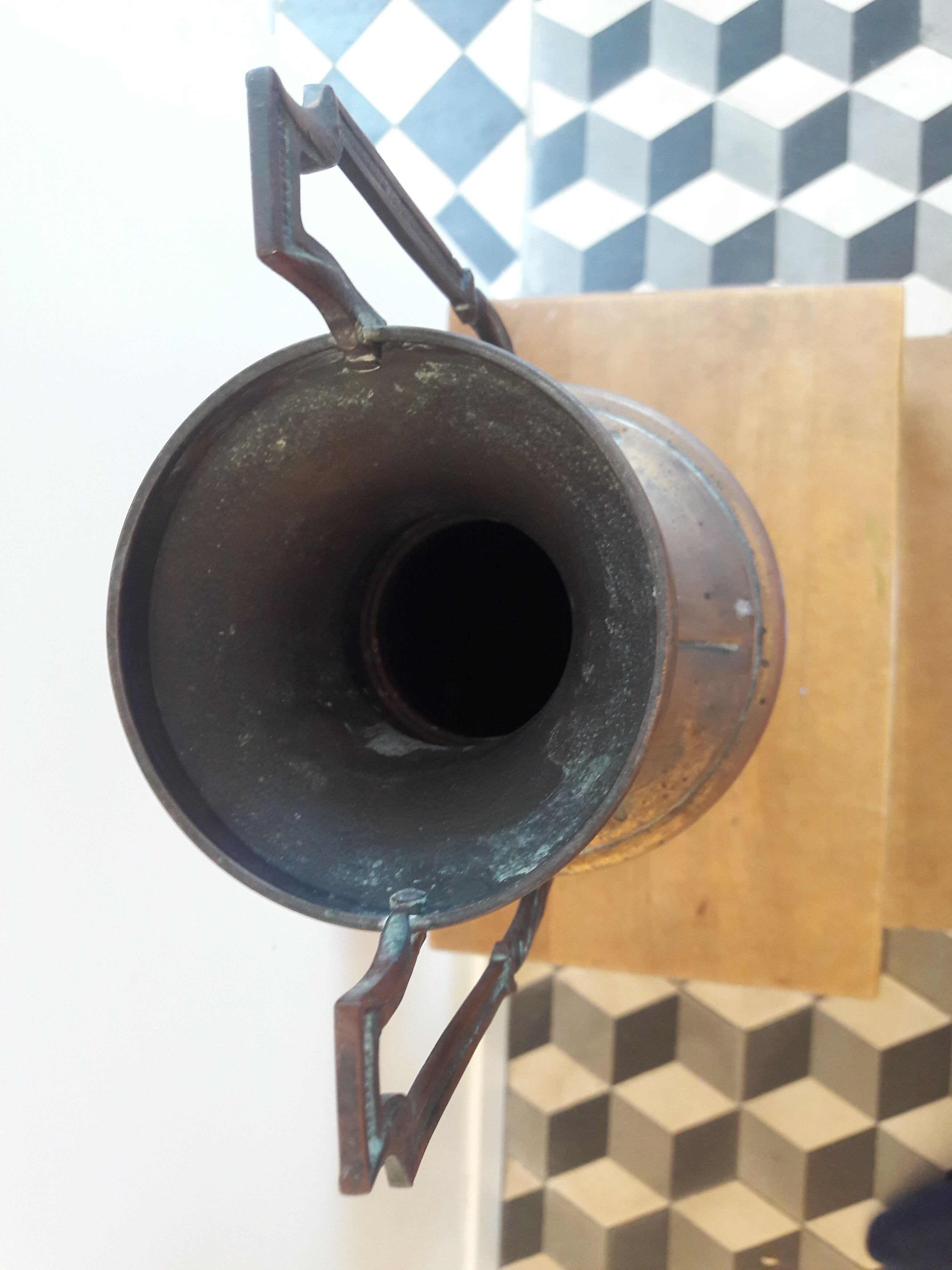 Brass amphora vase - copper art deco style on pedestal with floral pattern handles