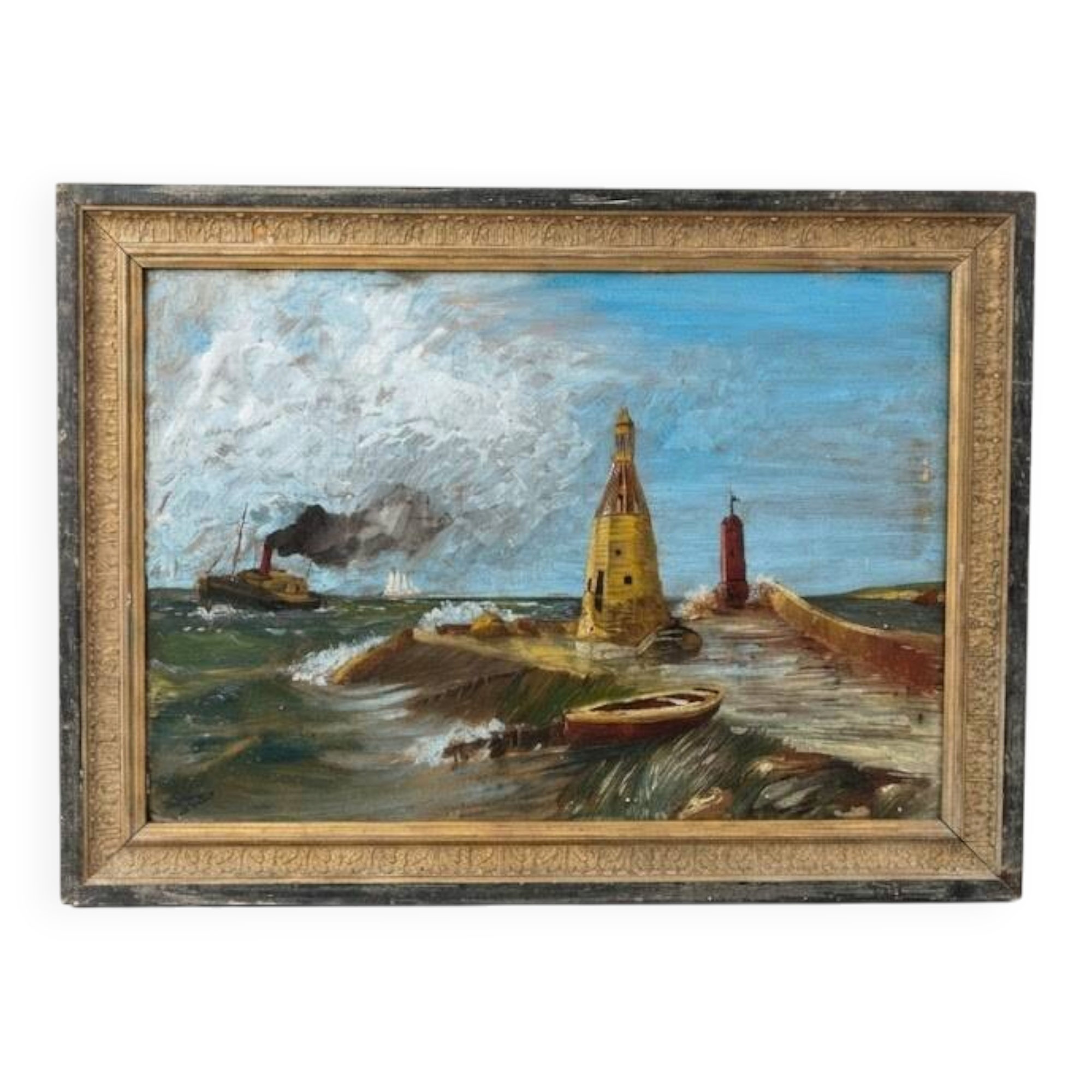 Old marine painting oil on canvas signed Y. Delaporte port entrance
