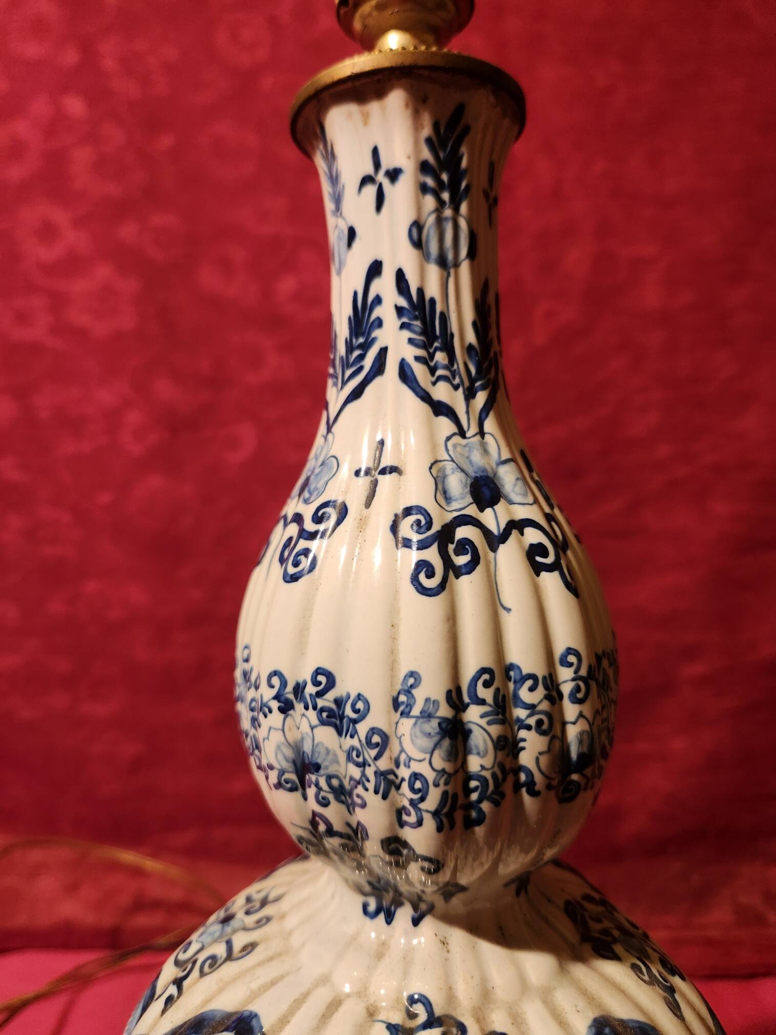 Antique ceramic lamp with brass or bronze base from the attic