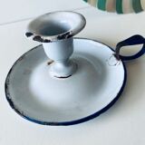Antique candle holder in white and blue enamelled metal