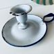 Antique candle holder in white and blue enamelled metal