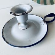 Antique candle holder in white and blue enamelled metal