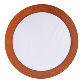 Grand miroir mural rond vintage en bois clair, 1960