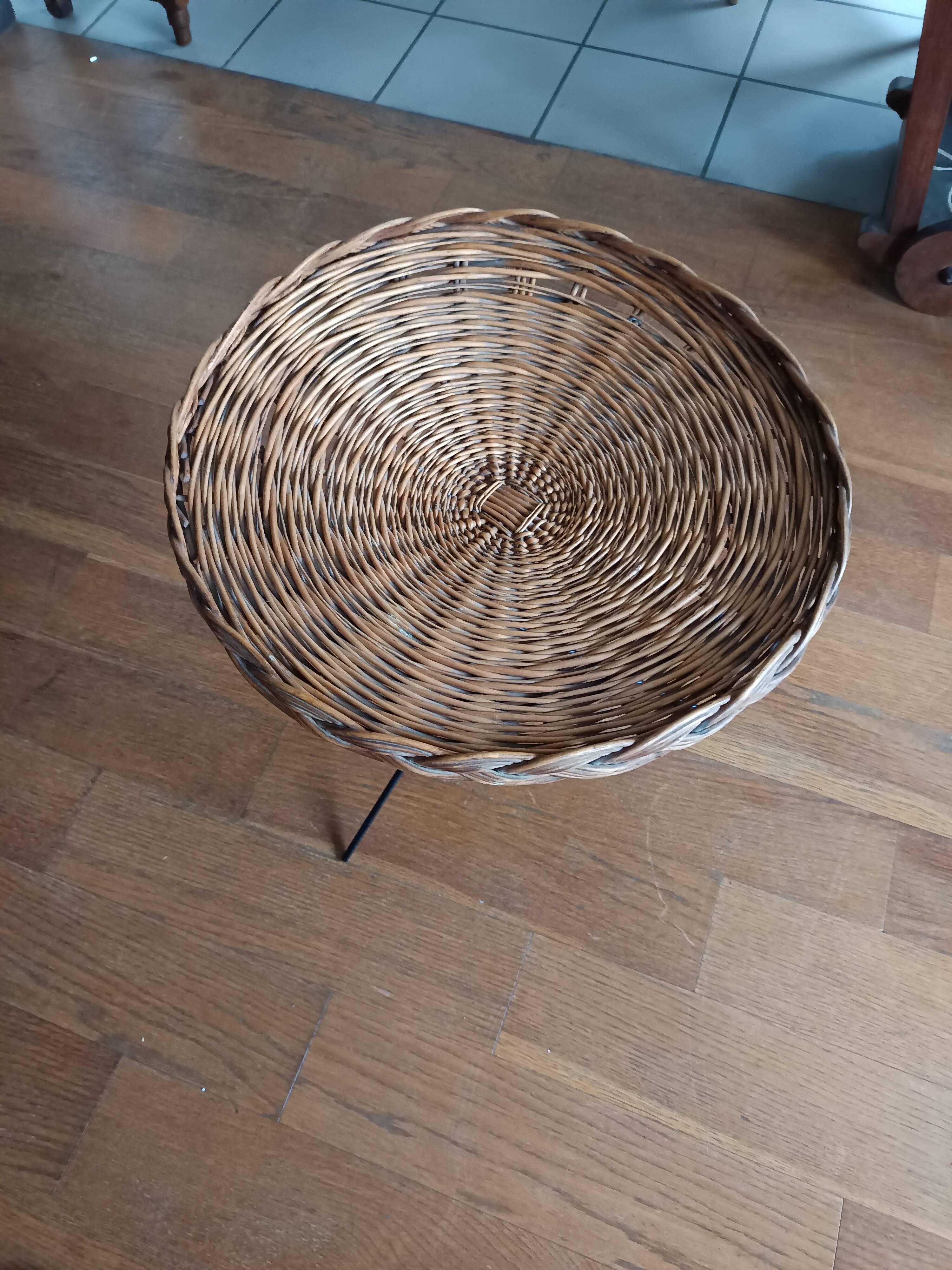 vintage wicker gueridon with a black metal tripod base from the 1960s