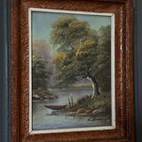 Oil on panel riverside landscape by J. Audry 20th century