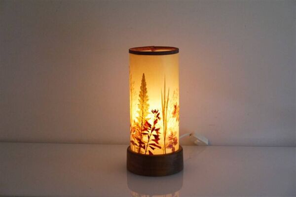 Lampe scandinave en bois et resine decor floral 1960