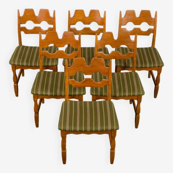 Set of 6 oak Razor Blade chairs in original upholstery by Henning Kjaernulf for Nyrup, Denmark 1960s