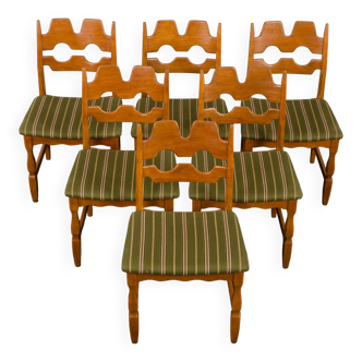 Set of 6 oak Razor Blade chairs in original upholstery by Henning Kjaernulf for Nyrup, Denmark 1960s