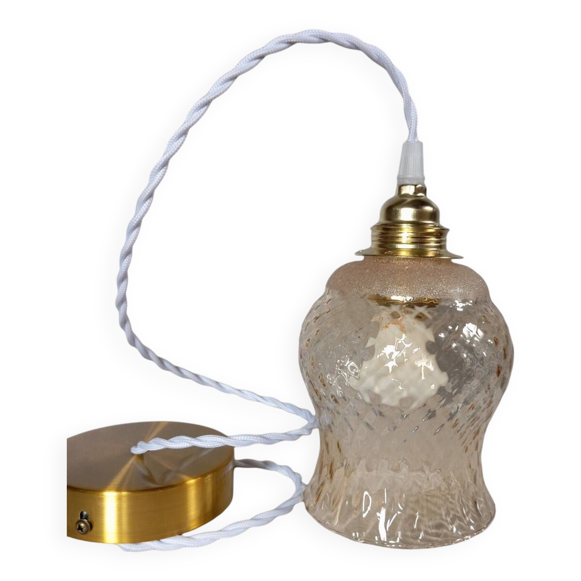 Vintage pendant light, textured amber and granite tulip glass, white twisted cord