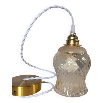 Suspension vintage verre tulipe ambré texturé et granité, cordon torsadé blanc