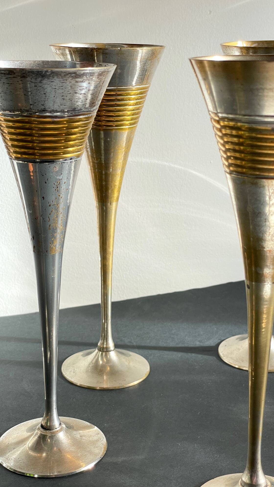 6 Vintage Silver-Plated Brass Champagne Flutes