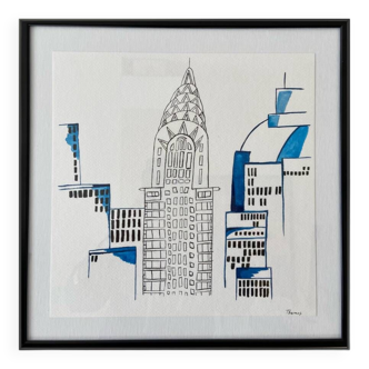 Original watercolor Blue Empire state building framed