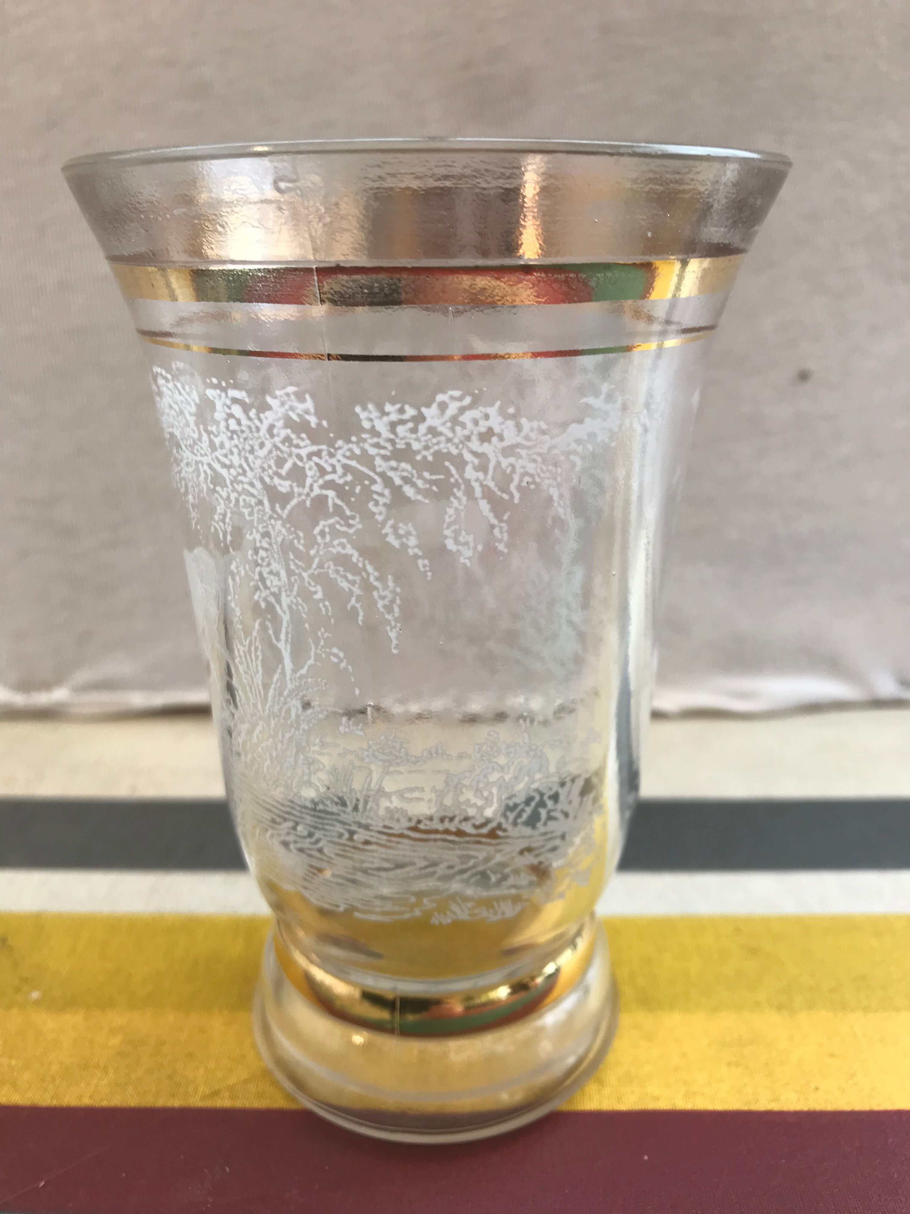 Pair Old Glass Vase Moulded Gold Decor AMORA - Vintage Geometric Design