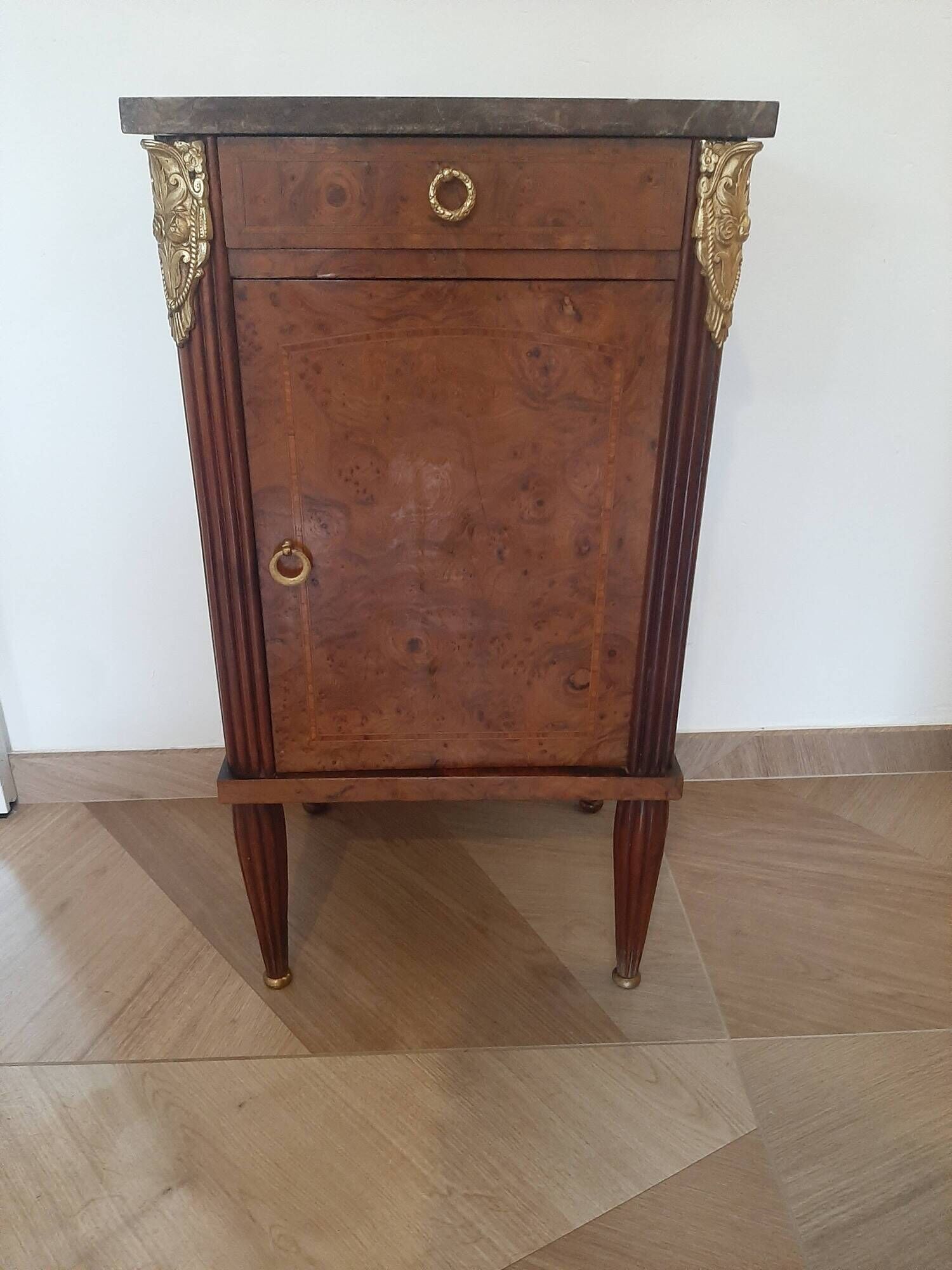 pretty Louis XVI Style bedside cabinet - 1 drawer - 1 Elm Burl marble tray door