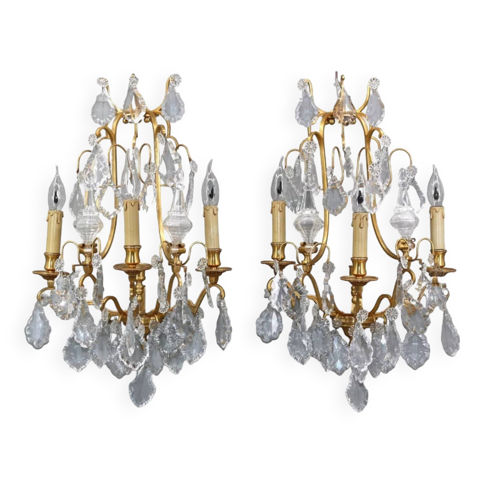 Pair of Louis XVI style gilded bronze & bohemian crystal sconces