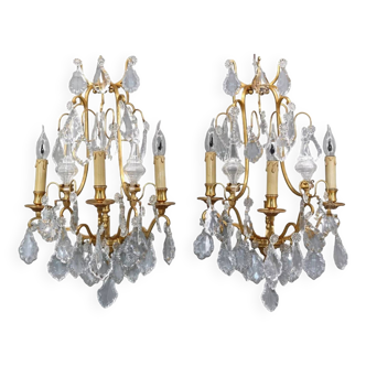 Pair of Louis XVI style gilded bronze & bohemian crystal sconces