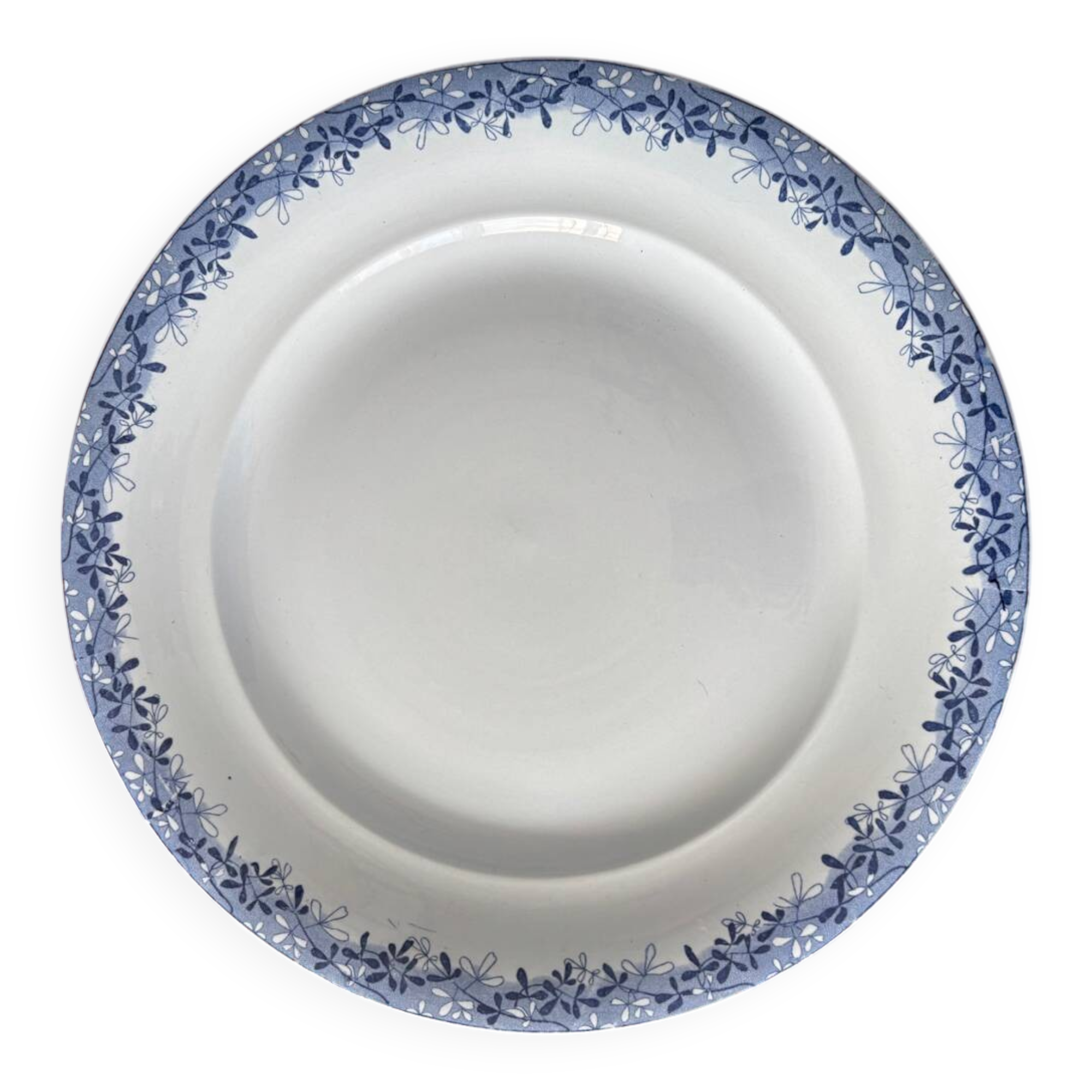 Old Sarreguemines earthenware dish, blue mimosa model