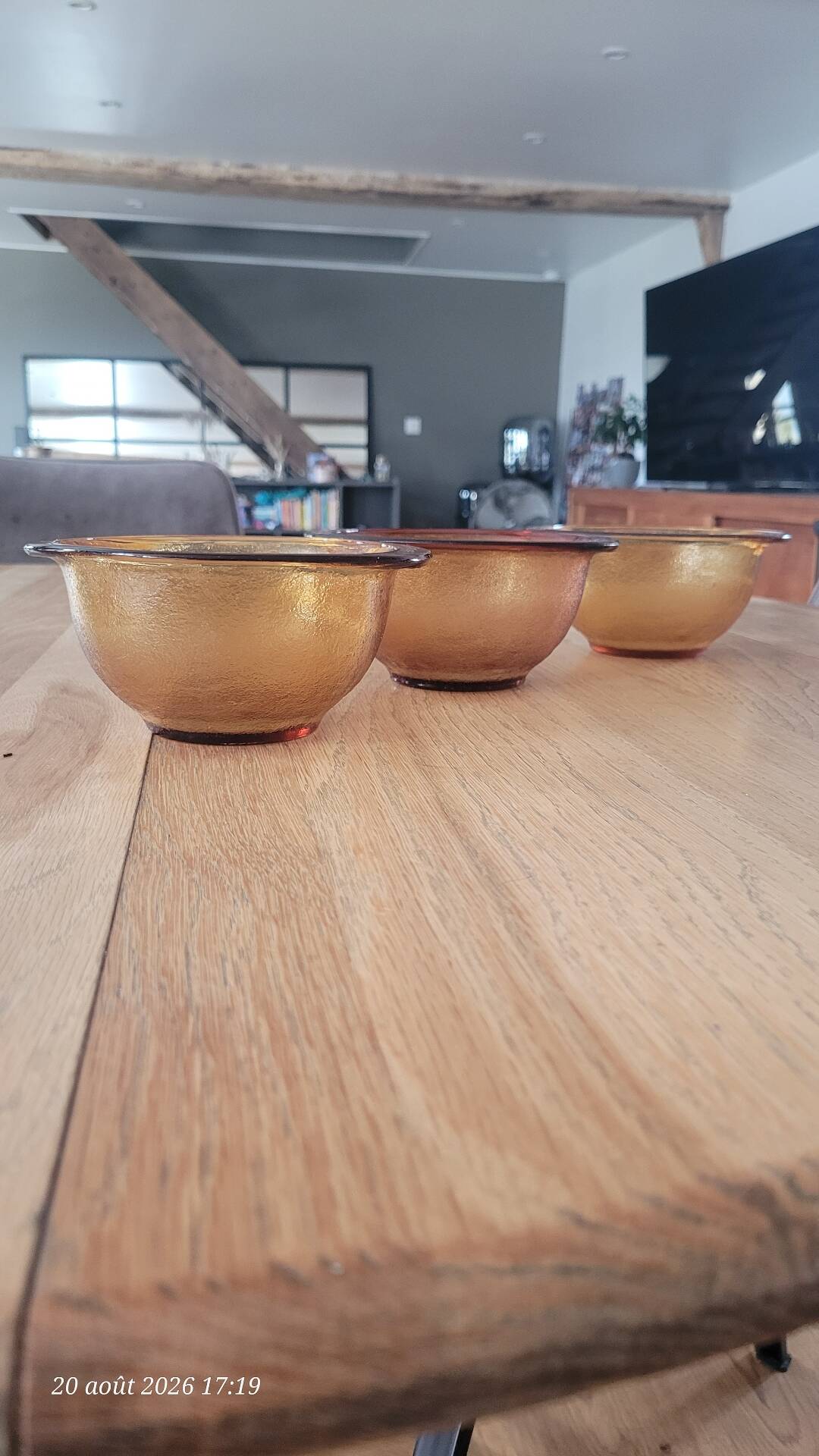 3 frosted glass bowls, amber
