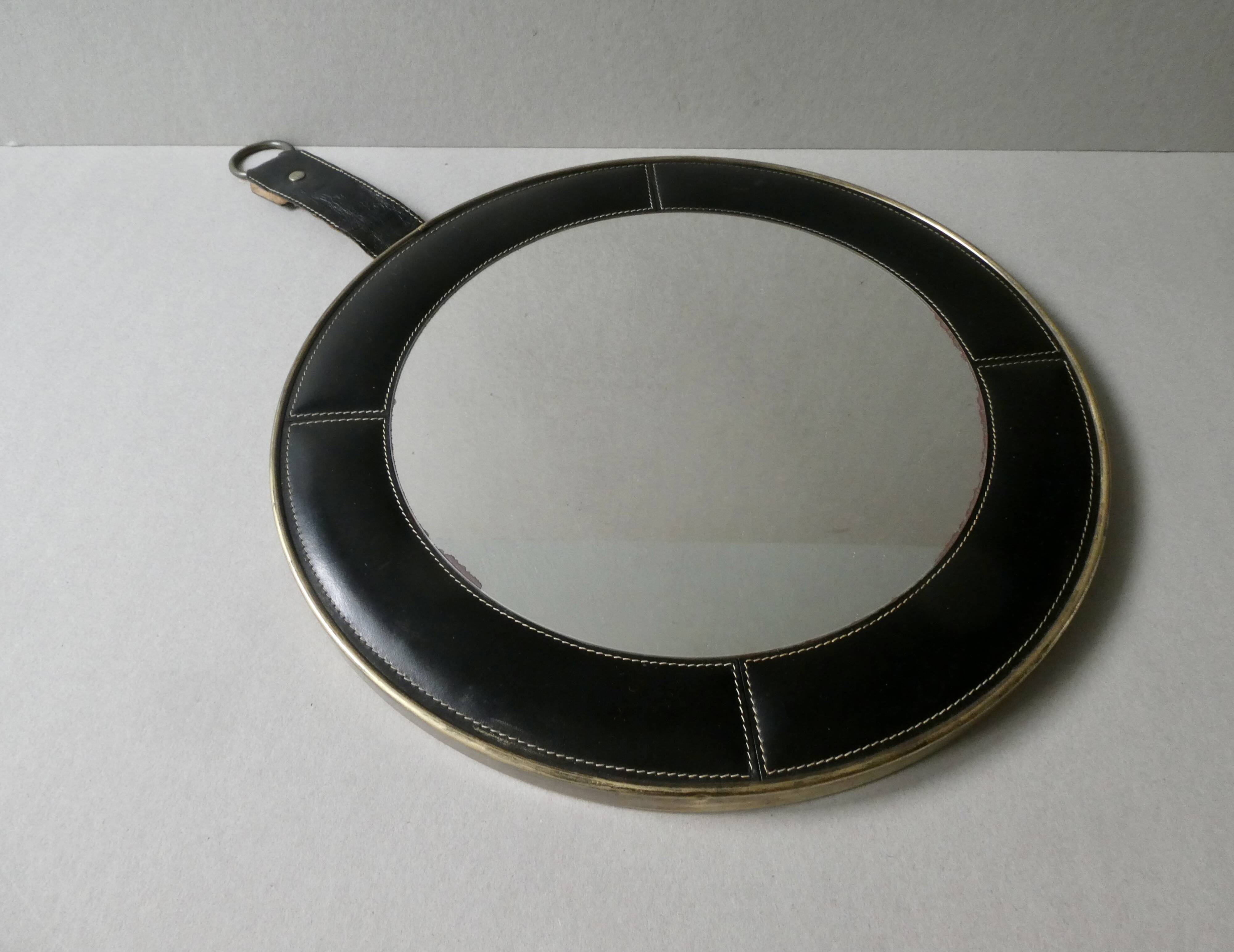 leather mirror, saddle stitching, 60s