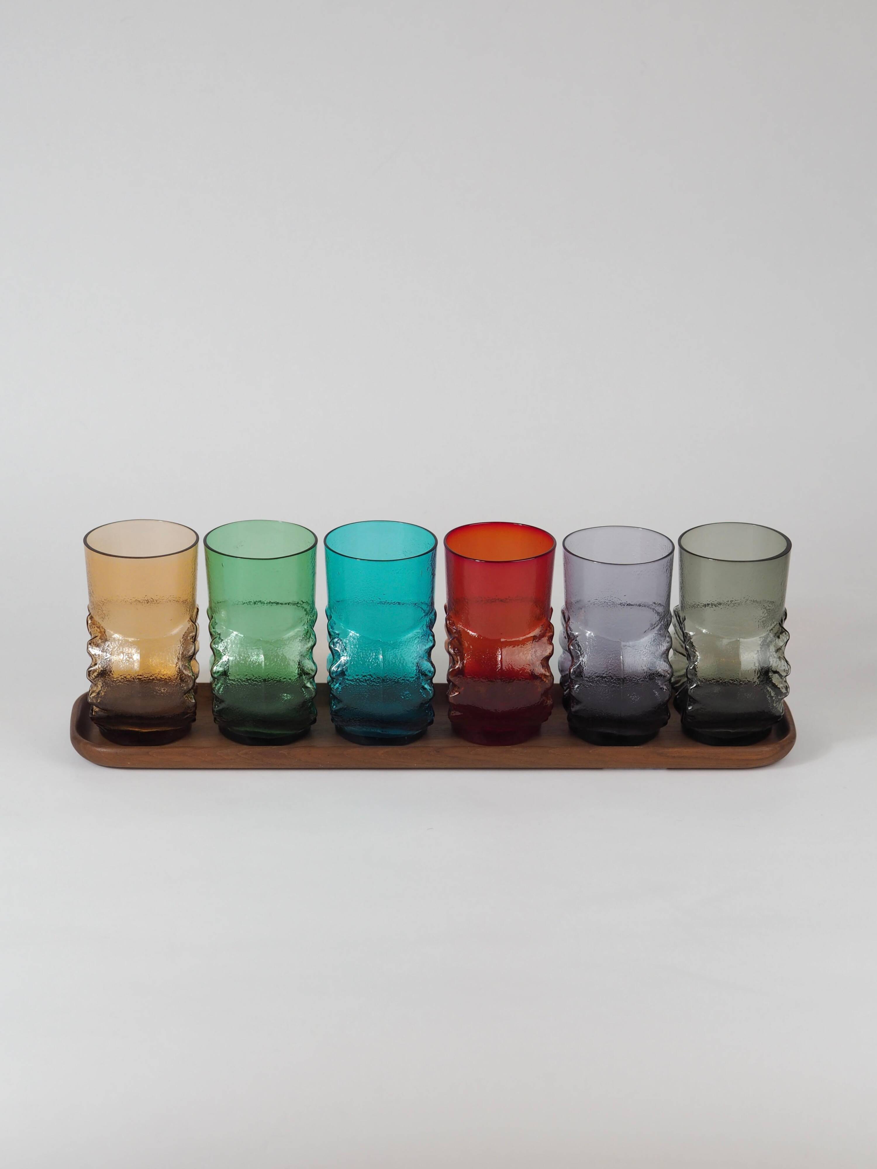 Mid-century rainbow glass set: 6 Finnish style glasses, by Kaj Franck & Lasi.
