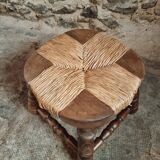 Vintage beechwood stool with straw seat – France, 1950s