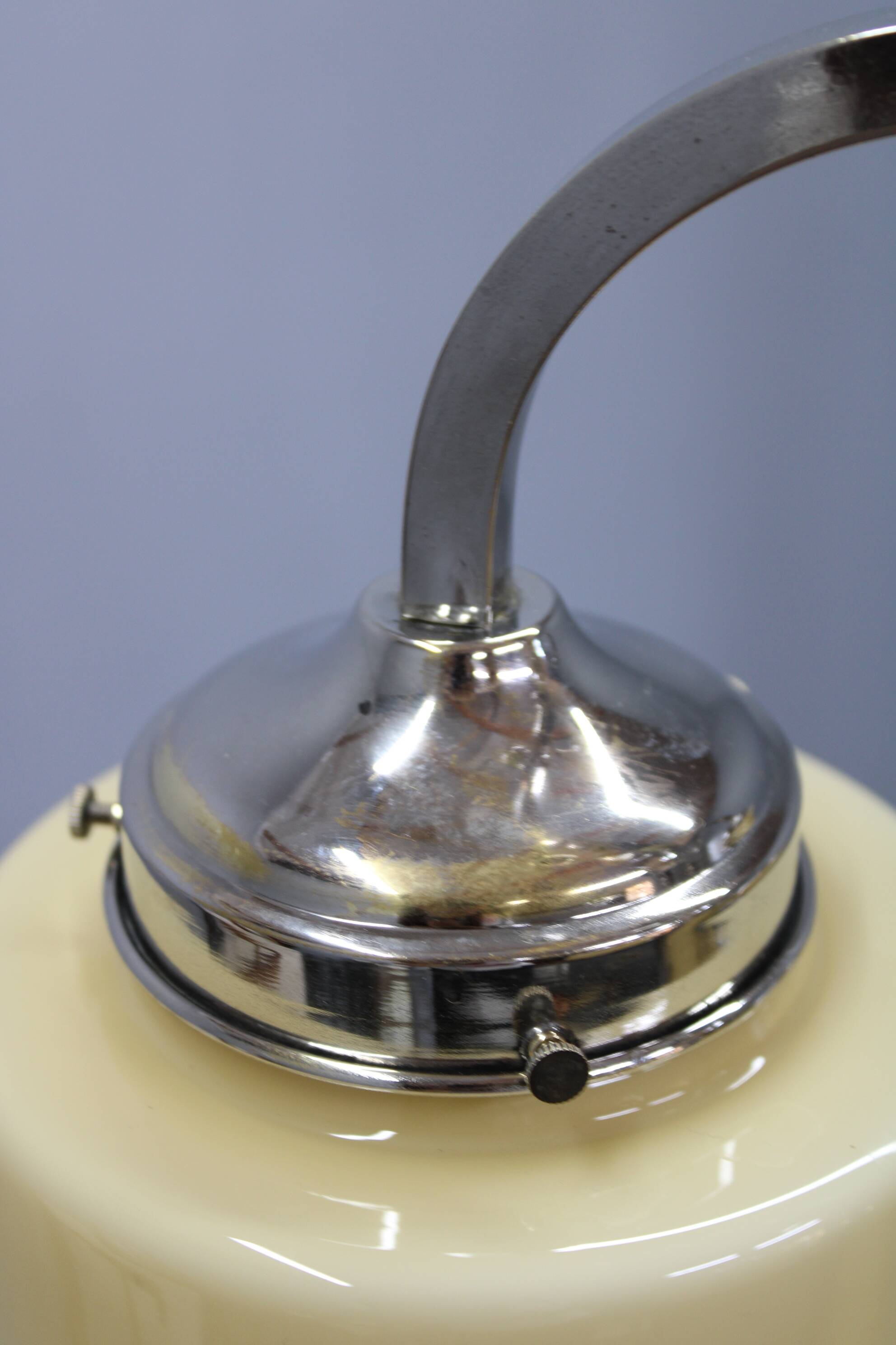 Art Deco nickel chandelier with cream glass cylinders, Czechoslovakia, 1930s