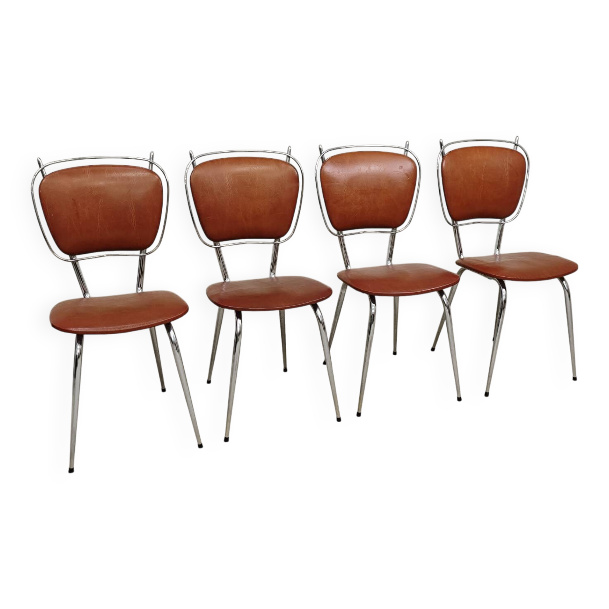 Set of 4 French chairs in camel brown imitation leather and chrome 1960
