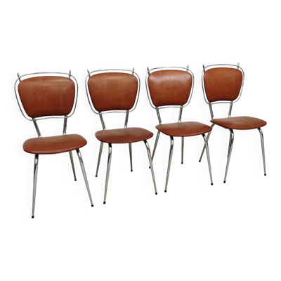 Série de 4 chaises francaise en simili cuir marron camel et chrome  1960
