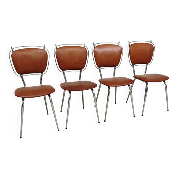 Série de 4 chaises francaise en simili cuir marron camel et chrome 1960