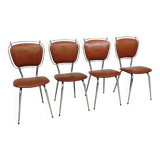Set of 4 French chairs in camel brown imitation leather and chrome 1960