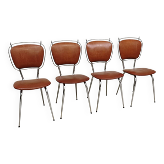 Set of 4 French chairs in camel brown imitation leather and chrome 1960