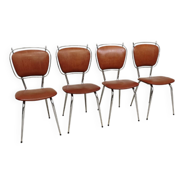 Set of 4 French chairs in camel brown imitation leather and chrome 1960