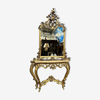 Mirror set with baroque style gilded wood console on marble top.