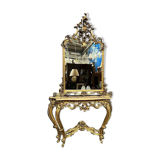Mirror set with baroque style gilded wood console on marble top.