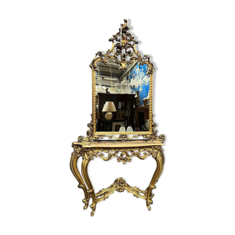 Mirror set with baroque style gilded wood console on marble top.