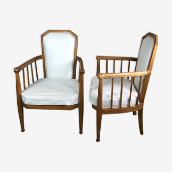 Armchairs (the pair) in oak and Art Deco period fabrics stamped Arnavielhe
