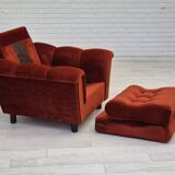 Années 1980, fauteuil relax danois meuble en velours marron/rouge.